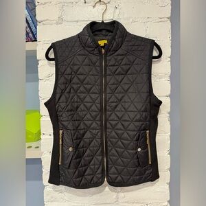DAISY WOMENS BLACK PUFFER QUILTED‎ VEST JACKET GOLD ZIP ACCENTS